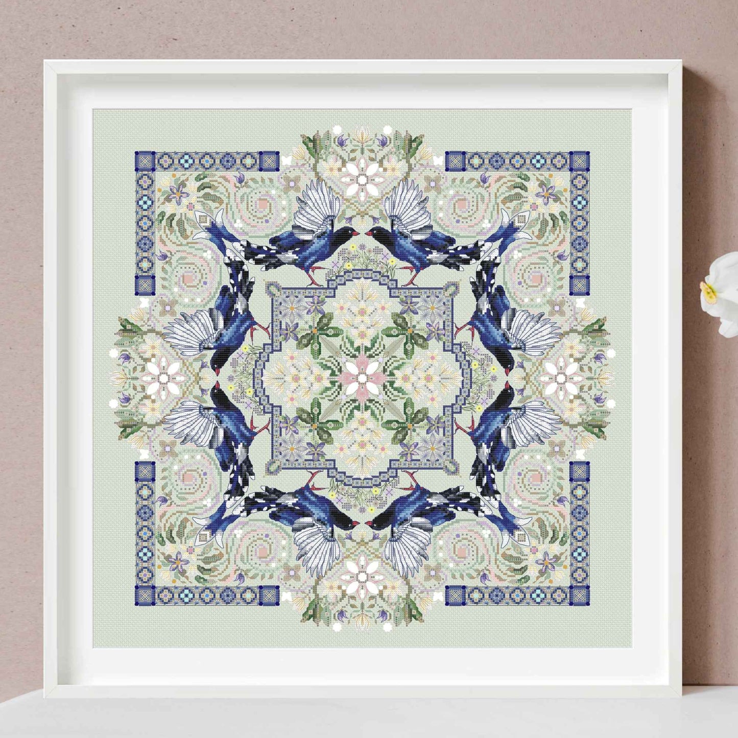 Taiwan Blue Magpies and Tung Flowers Mandala Cross Stitch PDF