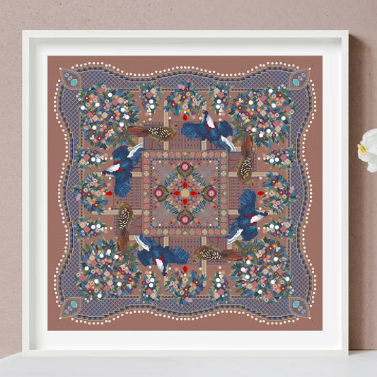 Taiwan Blue Pheasants and Camellias Mandala Cross Stitch Pattern PDF
