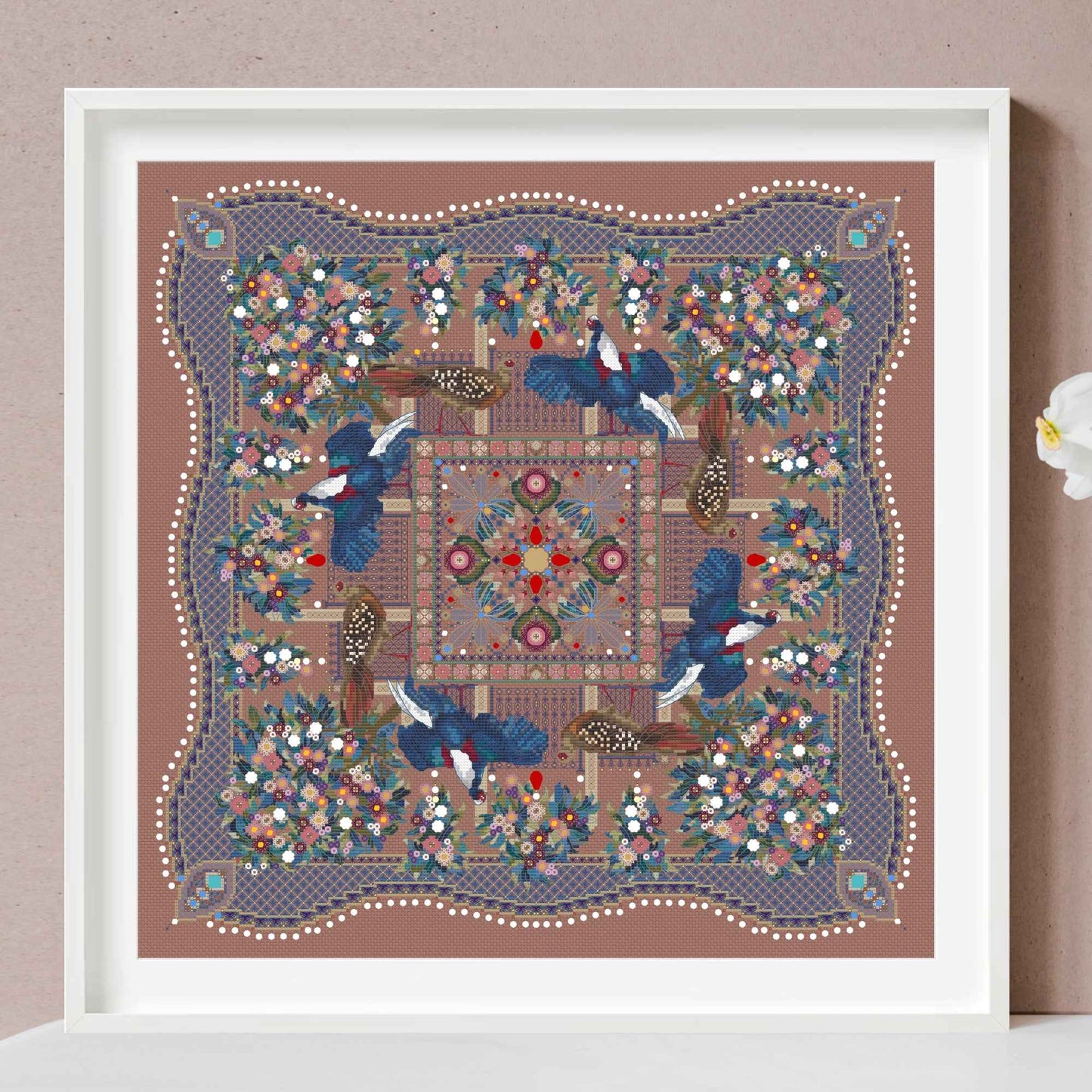 Taiwan Blue Pheasants and Camellias Mandala Cross Stitch PDF