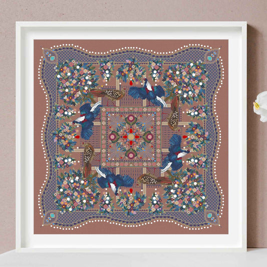 Taiwan Blue Pheasants and Camellias Mandala Cross Stitch PDF