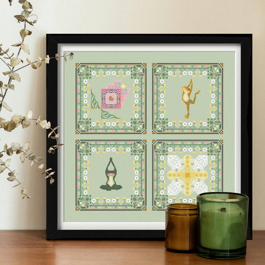 Yoga Frogs Patchwork Sampler Cross Stitch PDF