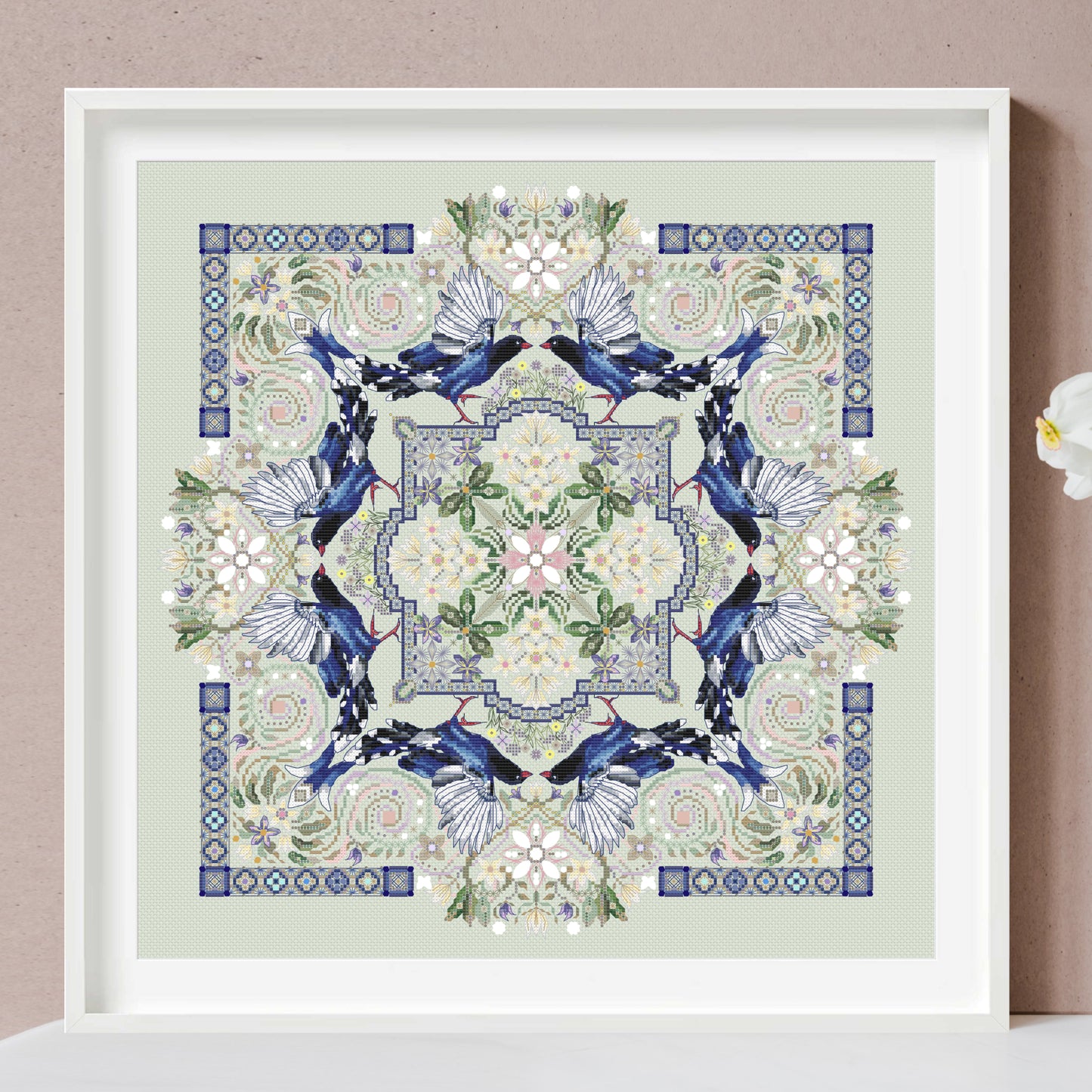 Taiwan Blue Magpies and Tung Flowers Mandala Cross Stitch Pattern PDF