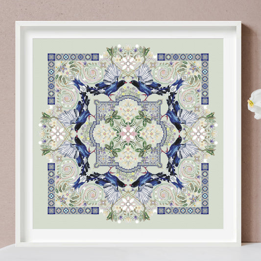 Taiwan Blue Magpies and Tung Flowers Mandala Cross Stitch Pattern PDF