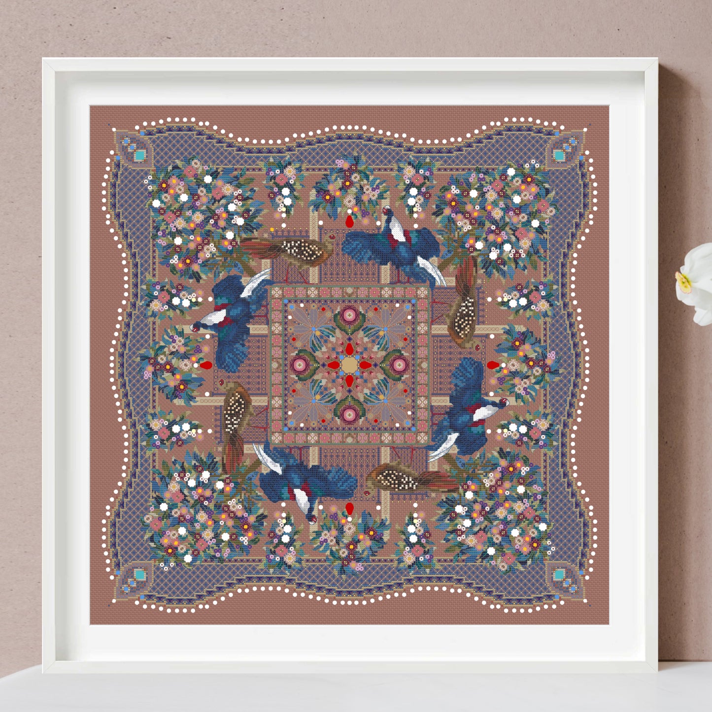 Taiwan Blue Pheasants and Camellias Mandala Cross Stitch Pattern PDF